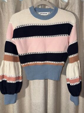Self-Portrait Navy, Pink, Cream & Blue Striped Cropped Sweater